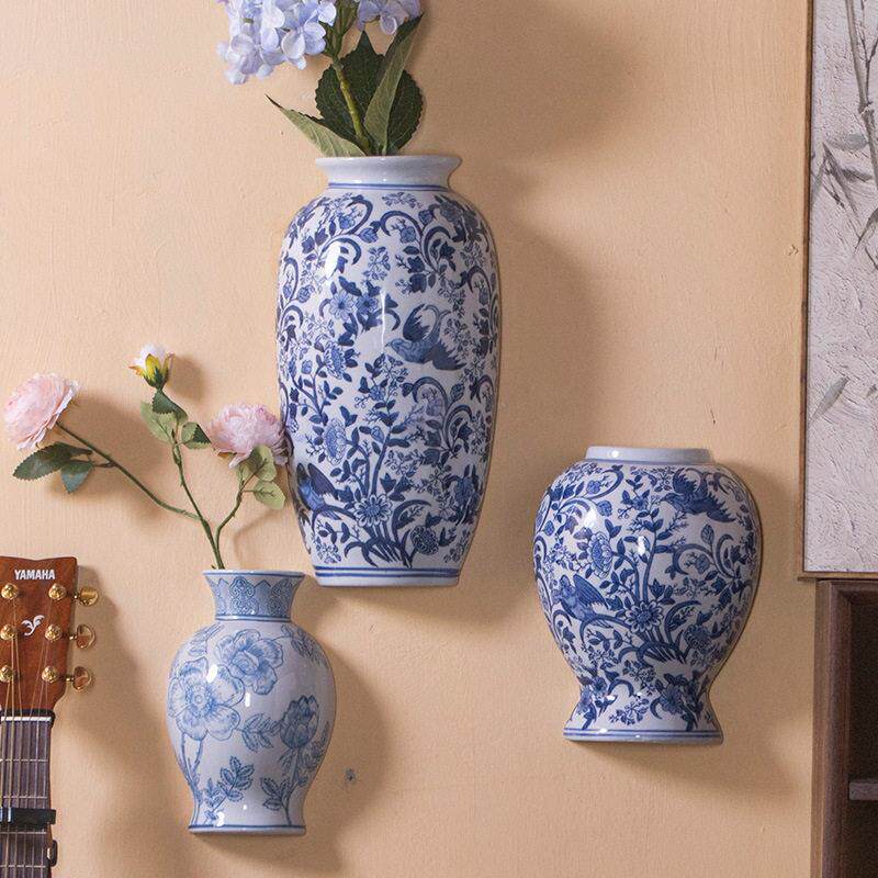 陶瓷壁挂青花瓷花陶瓷摆件客厅插花青花瓷将军瓷装饰品