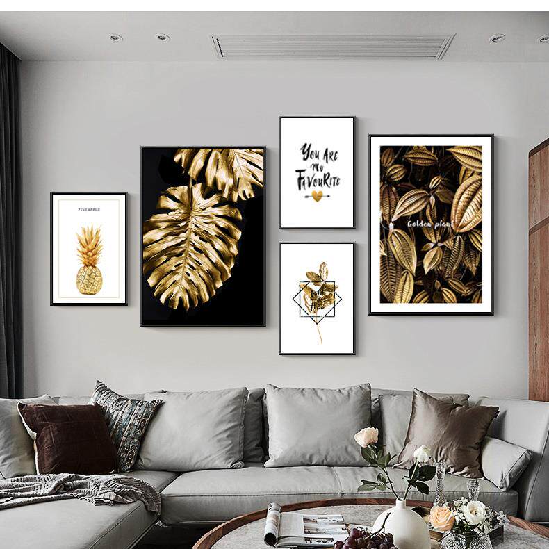 新款直销金色龟背叶菠萝墙画客厅挂画轻奢现代简约房间装饰画金属