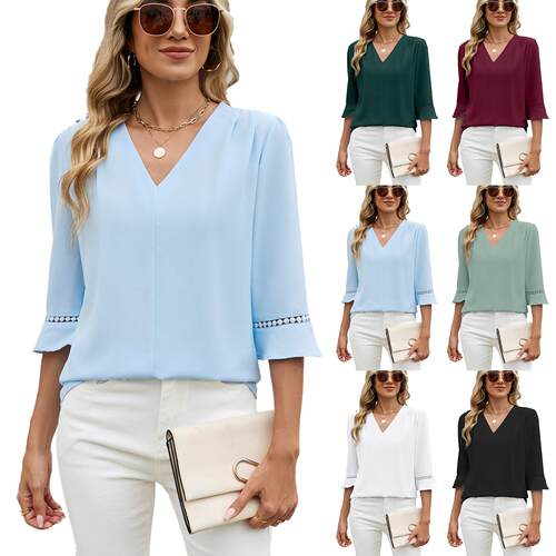 V-neck lace flared sleeve work shirt women's top