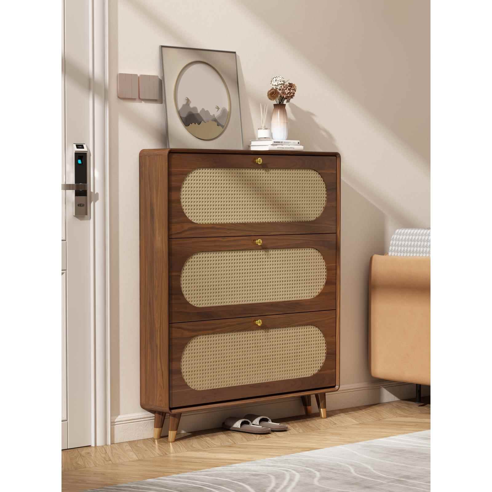 需定制藤编鞋柜实木框家用门口入户玄关柜中古风超薄翻斗柜小户型