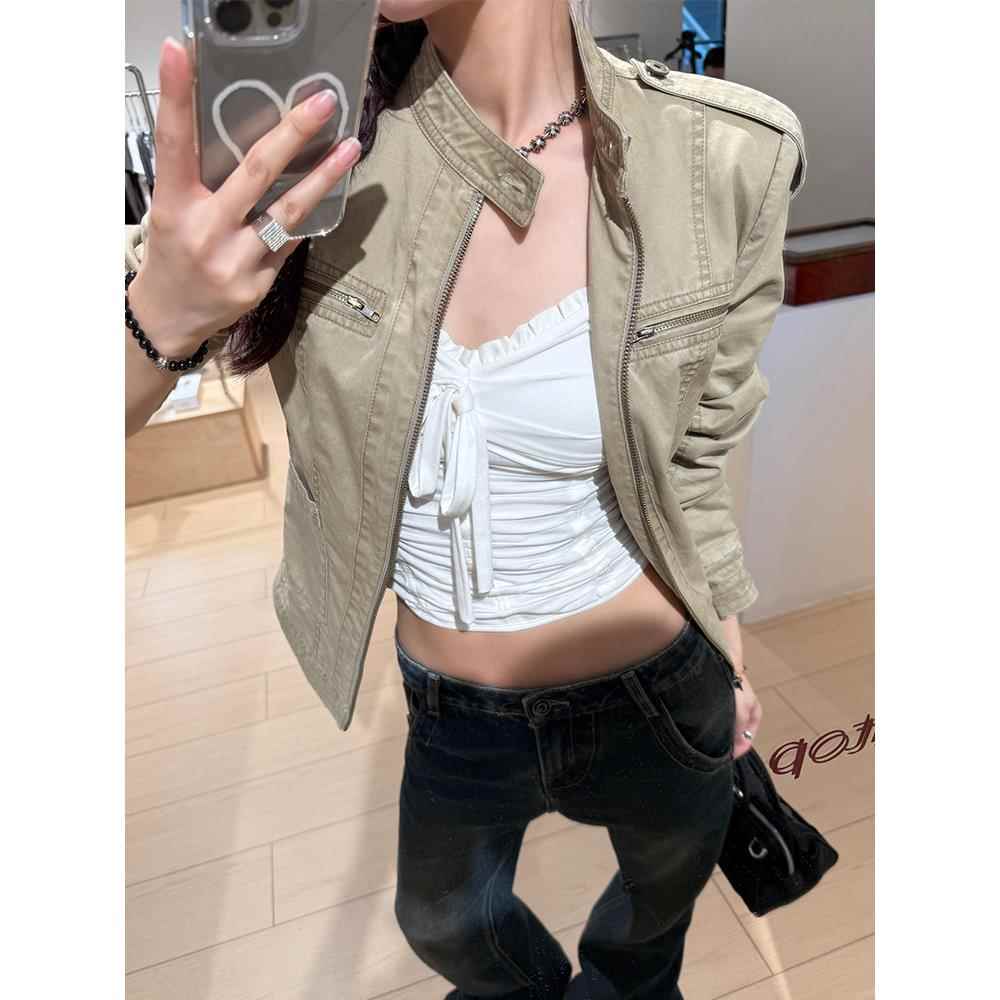 秋季立领美式复古做旧短款正肩牛仔夹克外套女早秋新款显瘦上衣