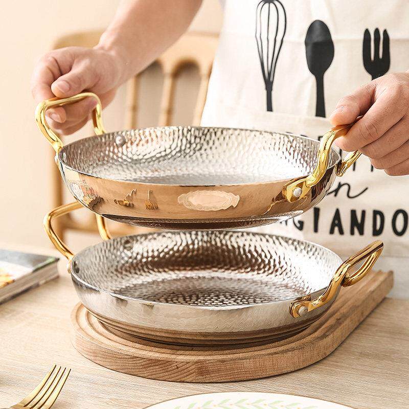 304不锈钢海鲜锅餐厅双耳牛排盘西班牙海鲜饭锅薯条炸鸡盘平底锅