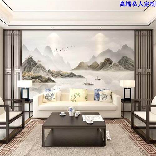 新中式8d水墨山水壁纸客厅沙发壁画 画电视壁纸卧室壁布影视墙布