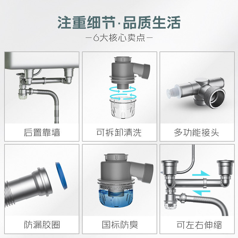 厨房洗菜盆下水管配件洗碗池双槽双盆通用防反臭排水管全套,家装主材,下水器,淘宝优惠券,粉丝福利购,淘宝优惠卷