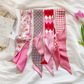 韩版春夏季粉色菱形格子，长条领巾细窄双面双层缎面丝巾女绑包发带