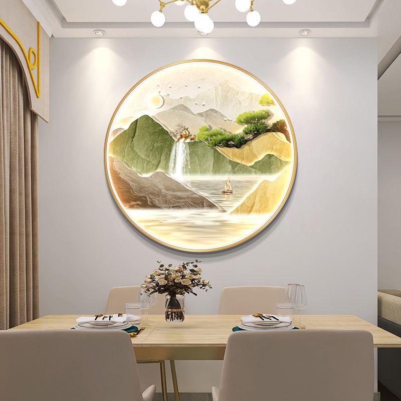 简约绿色奶油风流水生财玄关装饰画山水画客厅挂画圆形餐厅墙壁画
