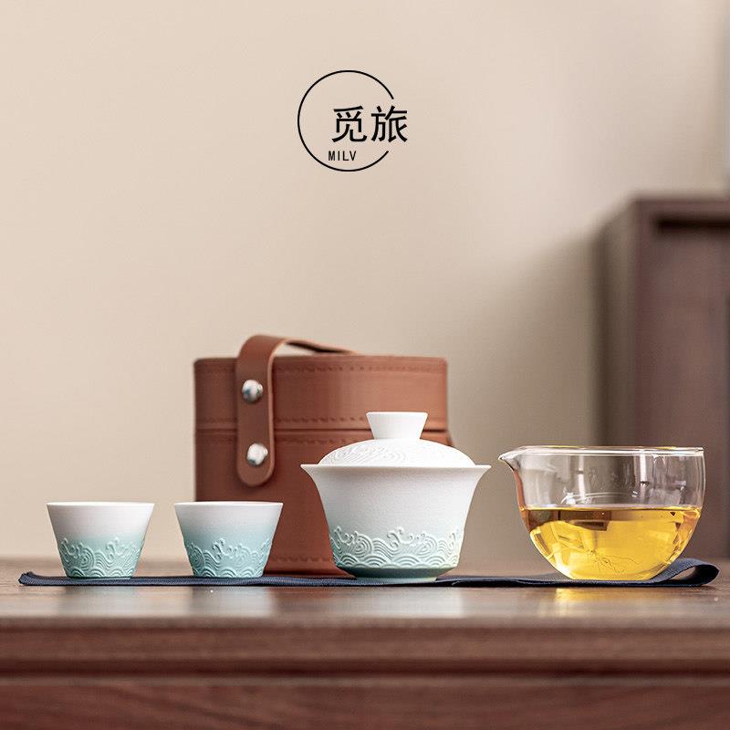 沧海可携式一人饮茶具旅行套组盖碗一壶二杯户外泡茶具快客杯礼品