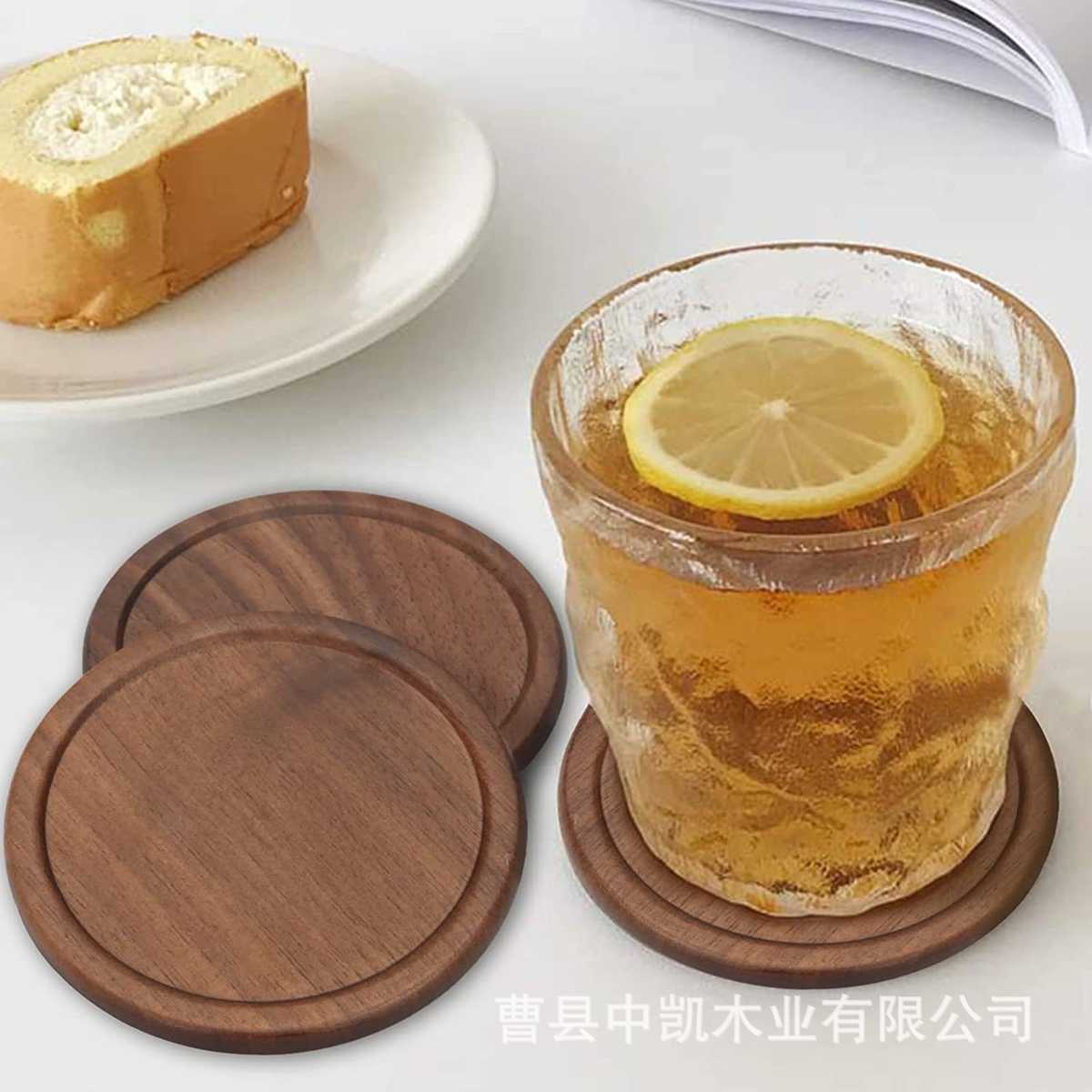 木质杯垫黑胡桃木茶杯垫桌面圆形成套榉木餐桌垫创意咖啡木制杯垫
