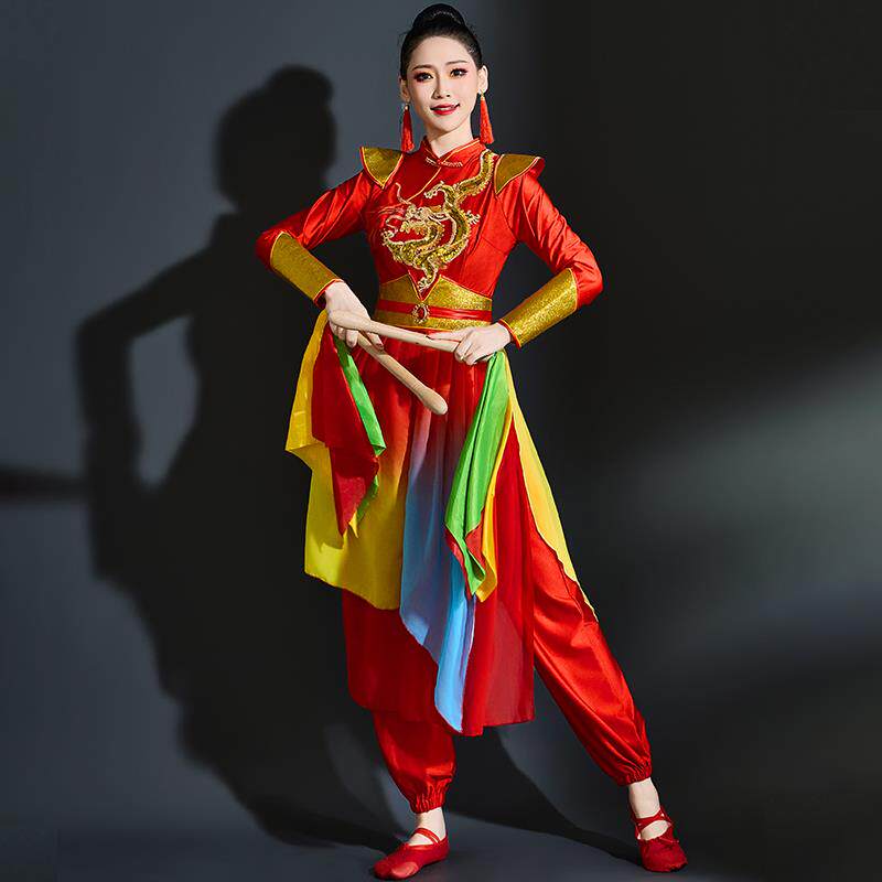 高档打子鼓演2出服女025款新威风锣鼓队扇舞蹈服装中老年喜庆广场