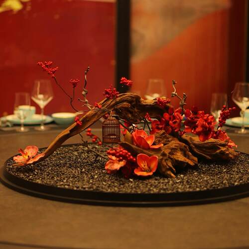 酒店餐桌转盘中间装饰大圆桌摆花中式现代风餐桌花桌花景观摆件