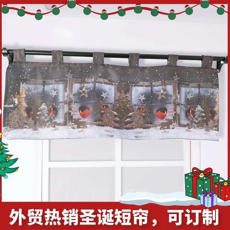 外贸圣诞跨境热销短帘半帘厨房防水窗帘卫生间橱柜遮挡帘飘窗