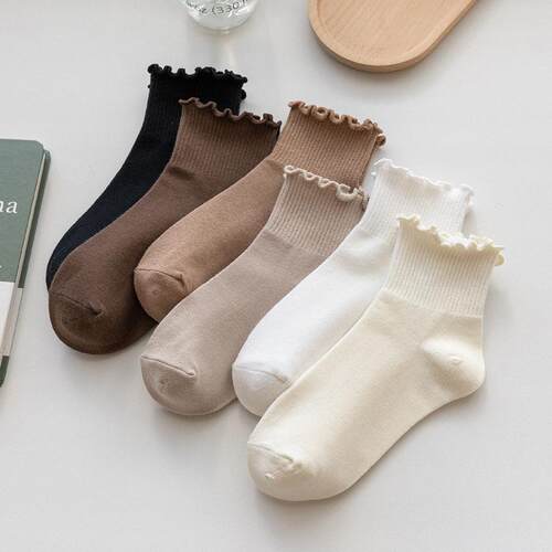 Womens Frill Trim Crew Socks Casual Basic Low Cut Socks for
