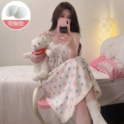 跨境夏季带胸垫可拆卸吊带睡裙女甜美梭织皱布泡泡棉可外穿家居服