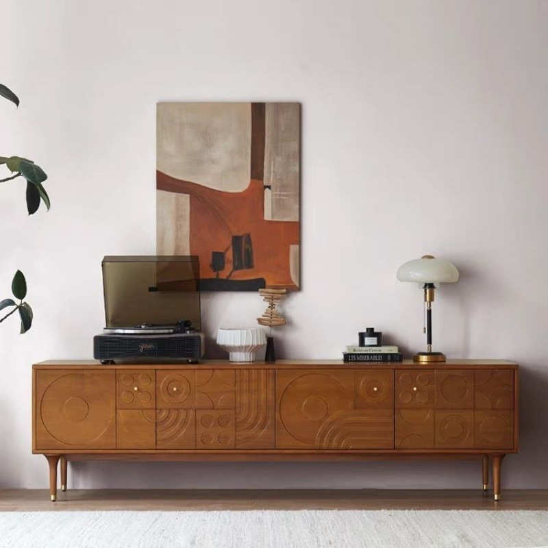 北欧复古电视柜茶几组合现代轻奢小户型客厅黄杨木花中古电视柜