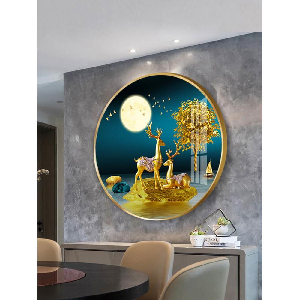 现代轻奢麋鹿客厅挂画北欧玄关圆形装饰画餐厅墙画壁画晶瓷镶钻画图片