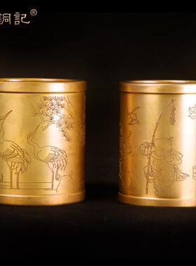 铜笔筒 复古桌面办公摆件铜 黄铜笔筒 新中式商务礼品