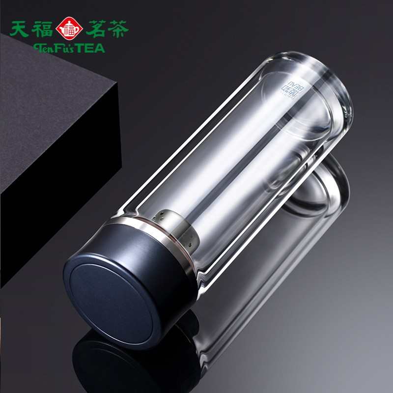 天福茗茶 彼物醇享玻璃杯耐热双层茶水分离便携茶杯带不锈钢滤网