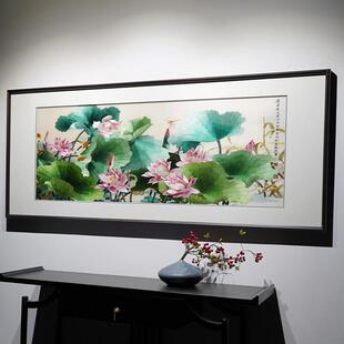 装 饰画高端苏绣挂画 现代中式 客厅沙发电视背景纯手工荷花刺绣横版