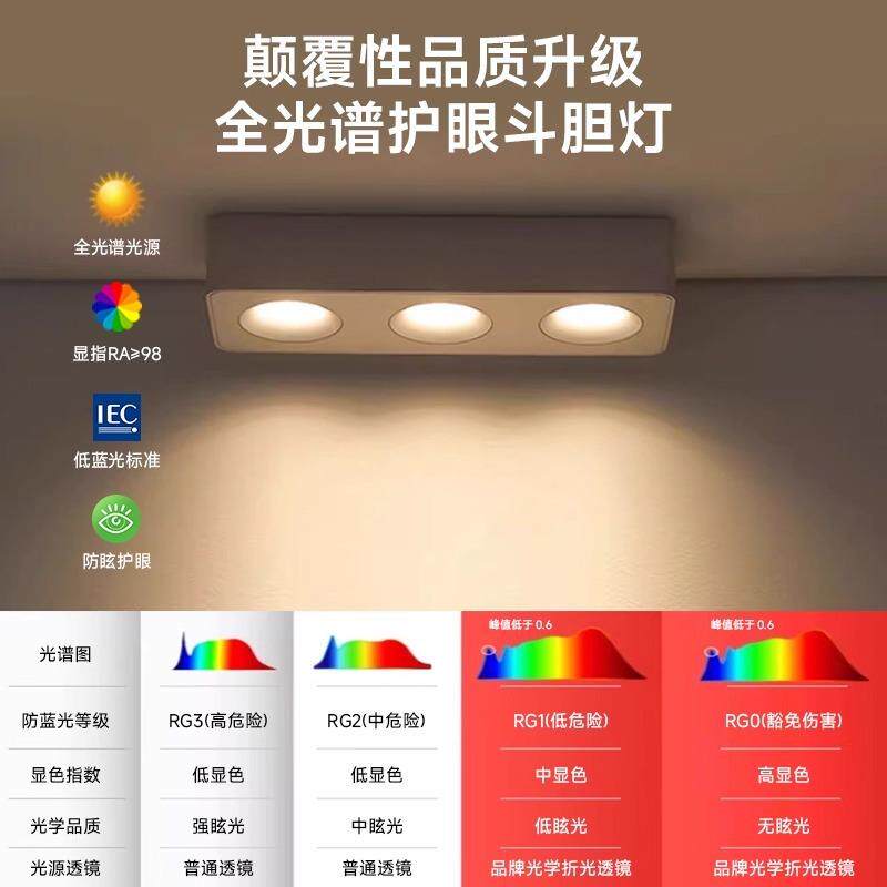 超薄防眩无主灯三头明装斗胆灯免吊顶卧室方形客厅吸顶护眼筒射灯