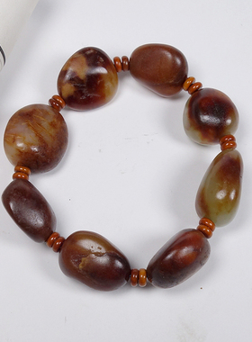 一元起拍保真新疆和田玉红沁籽料独籽枣红皮随型原石手串95.90g