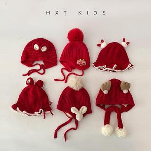 宝宝新年冬季帽子2025红色喜庆洋气针织护耳帽婴幼儿冬天套头帽