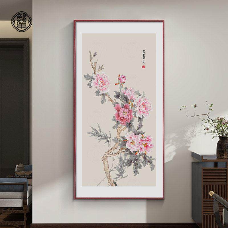 花开富贵玄关挂画新中式装饰画走廊过道大气牡丹花壁画手绘国画
