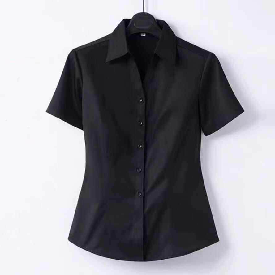 2025夏季新款V领黑色衬衫女短袖上班服ol修身气质衬衫酒店工作服
