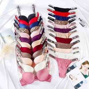 Diamond-studded Letter Strap Bra Set Push Up Underwire Bra S