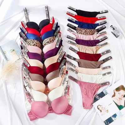 Diamond-studded Letter Strap Bra Set Push Up Underwire Bra S