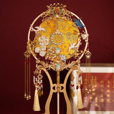 中式新娘扇di材料包金色手工双面刺团绣喜扇HDY婚礼秀y服结婚扇禾