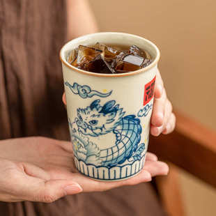 陶瓷水杯果汁杯精致高档主人杯 游龙戏花汝窑可乐杯茶杯大容量中式