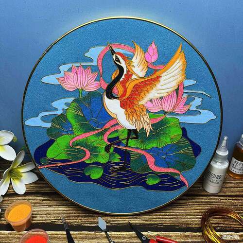 景泰蓝掐丝珐琅画比翼双飞材料包制作工具金丝彩沙非遗手工画