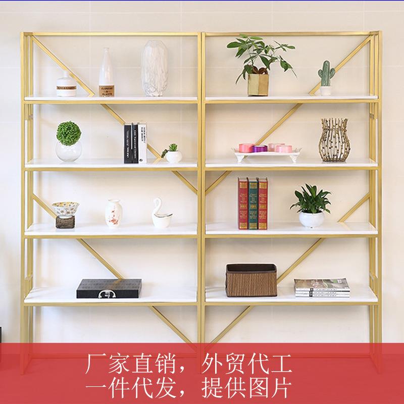 北欧ins金色落地置物架铁艺实木书架客厅创意层架陈列收纳展示架