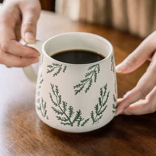 咖啡杯 田园风马克杯陶瓷杯批发精致浮雕叶杯子家用水杯大容量日式