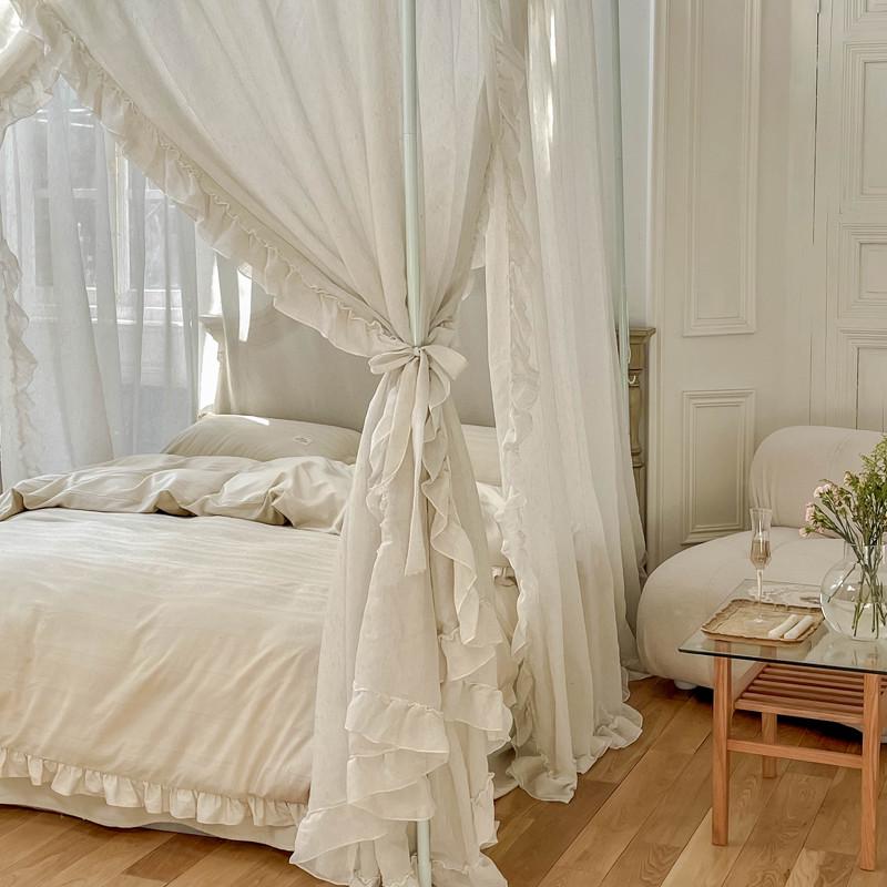 法式亚麻床幔遮光宫廷蚊帐落地式绑绳款家用民宿蚊帐加粗烤漆支架