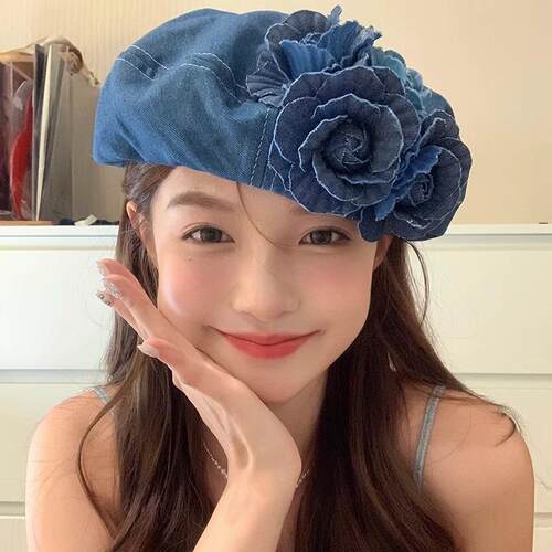 Women's Classic Denim Beret Foldable Painter Cap with 3D