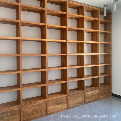 榆木书架定12122制免漆落地全老实木书架定做隔置物架多层满断墙