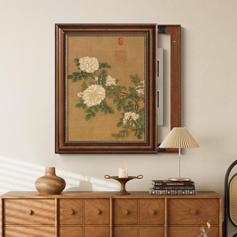 法式复古中国风客厅电表箱装饰画新中式电源盒挂画竖版配电箱壁画