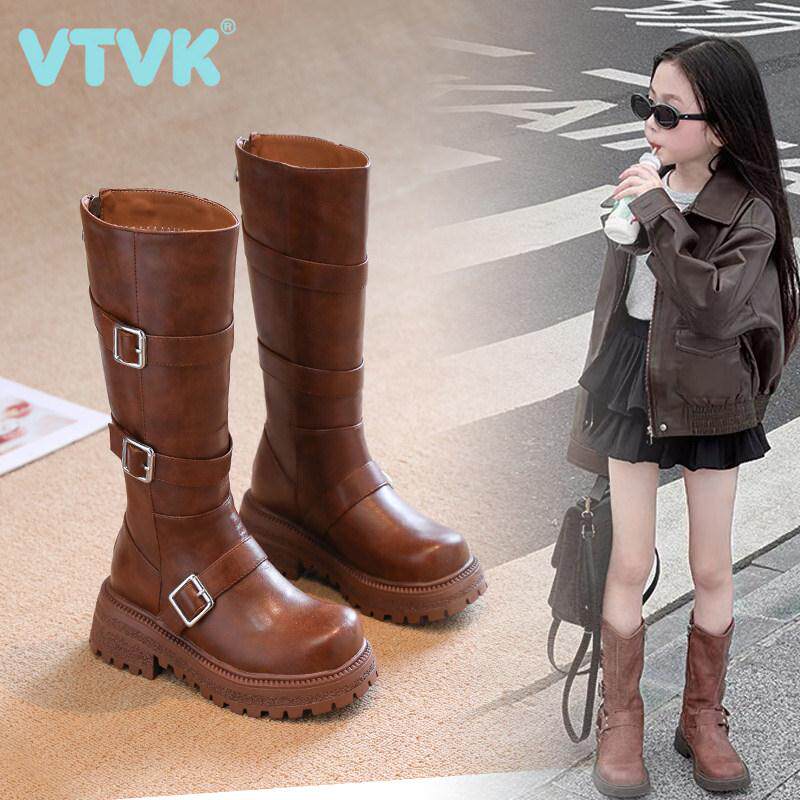 VTVK女童高筒靴子2025秋冬加绒公主皮靴走秀演出马丁儿童长靴单靴