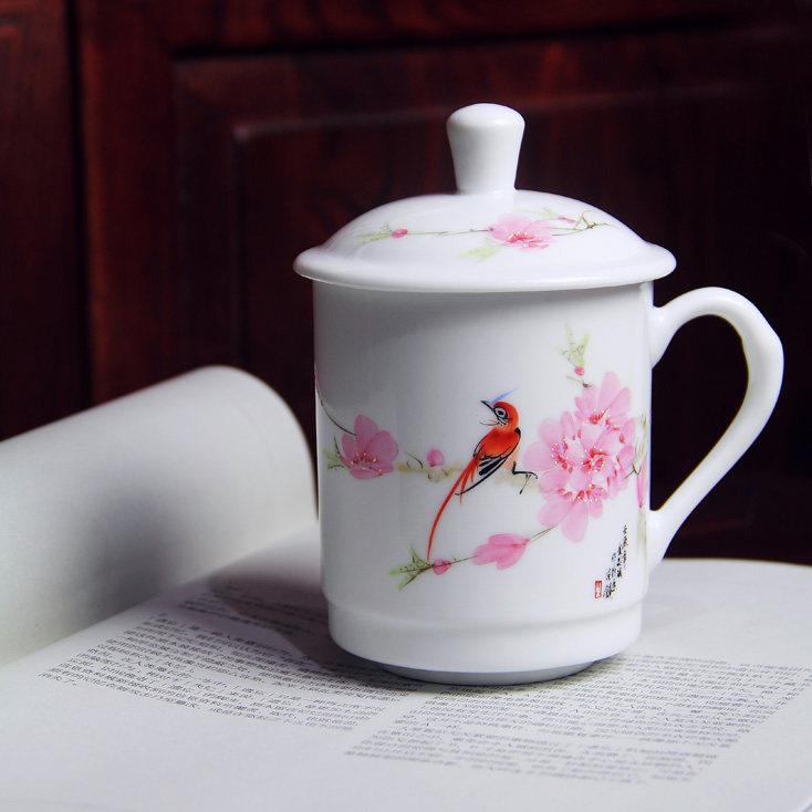 红叶带盖庭陶瓷KWF茶杯7501点水桃花发瓷会杯家议饮用杯礼品
