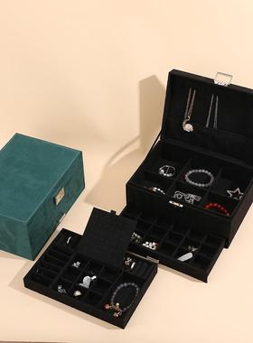 新款绒布首饰盒复UTE古多容量珠层宝盒防大氧收化带锁纳盒带锁饰