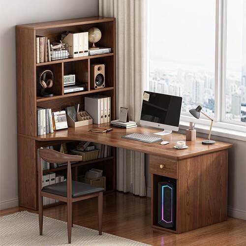 转角书桌书架组合电脑桌台式L型写字桌卧室女孩梳妆台化妆桌一体