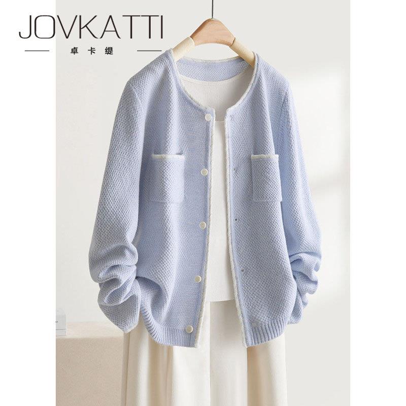JOVKATTI春季新款优雅小香风圆领毛针织衫显瘦透气亲肤撞色外套女