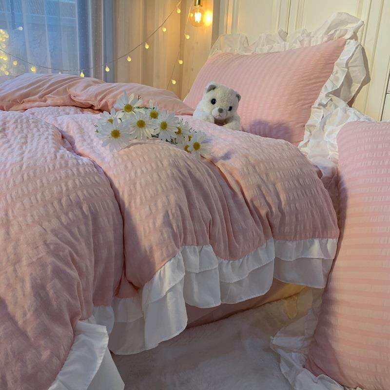 正品暖紫色床泡泡花边宿被套床上四件套单床裙款公风学生舍三件主