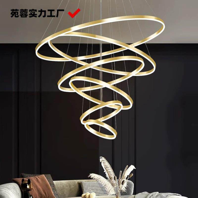 吊灯金色现代LED环形圆形别墅楼梯中空大厅灯具简约酒店大厅吊灯