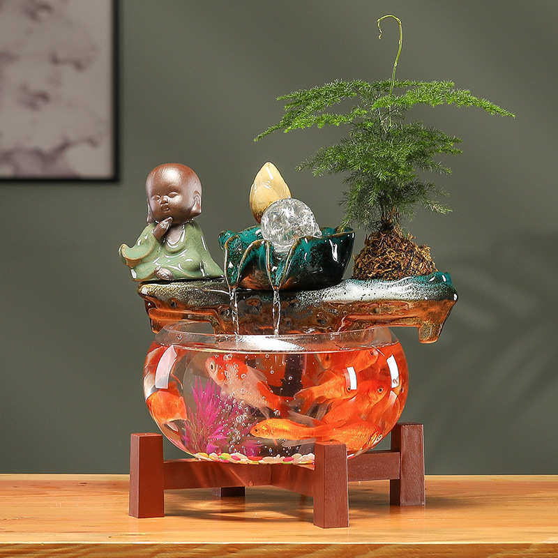 自动循环生财玻璃鱼缸小型家用客厅电视柜装饰办公室摆件开业礼品,家居饰品,流水摆件,淘宝优惠券,粉丝福利购,淘宝优惠卷