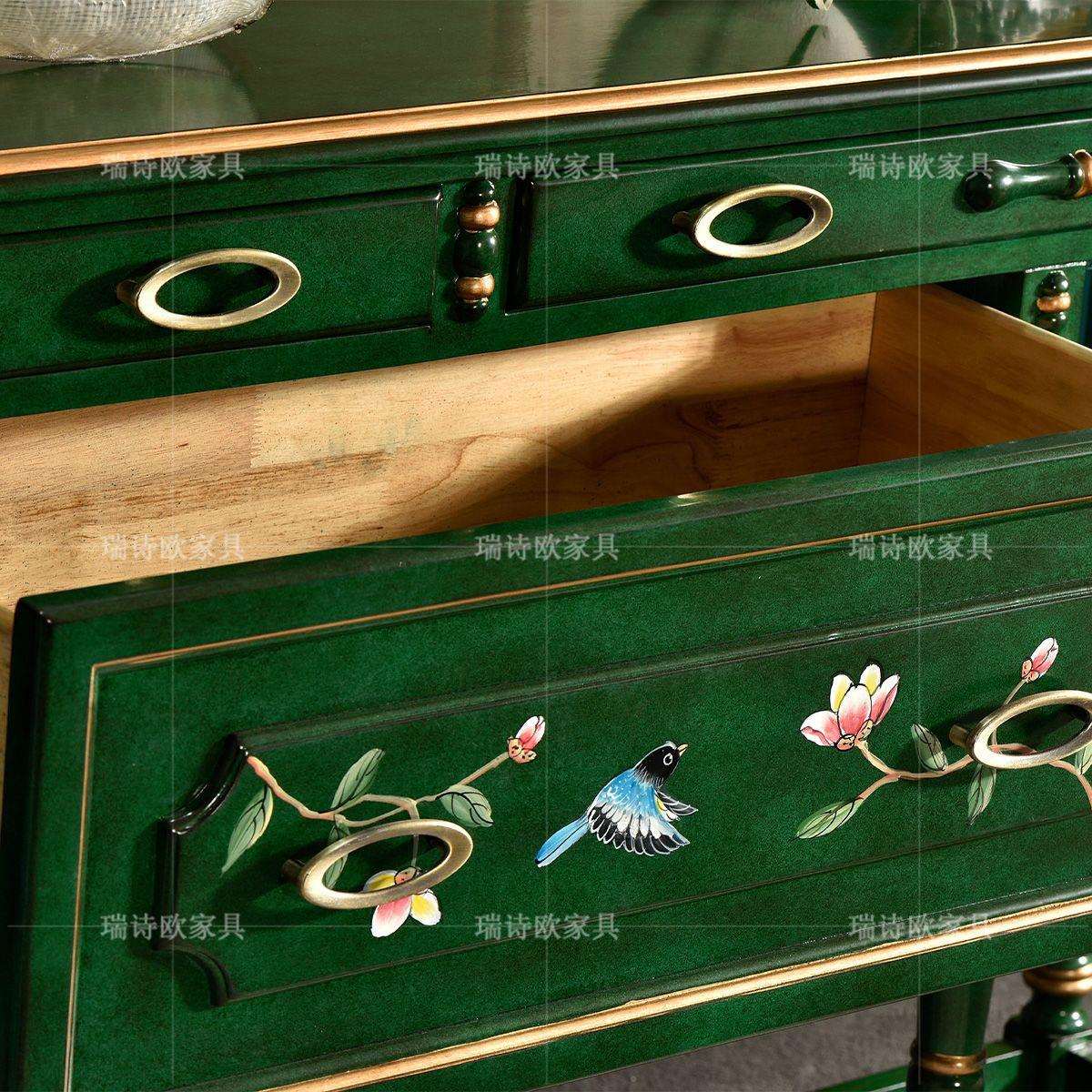 瑞诗欧美式餐边柜欧式实木玄关柜餐边柜复古收纳柜绿色餐柜乡村风