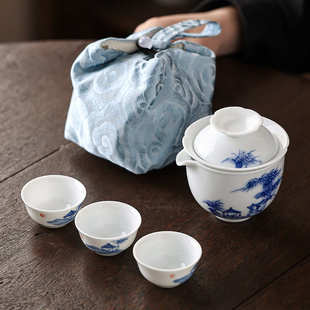 户外露营旅行套装 手绘竹林茶舍快客杯便携式 茶具随身外出泡茶茶杯