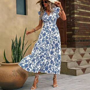 Womens Solid Color Vneck Tie Front Dress Casual Dress For