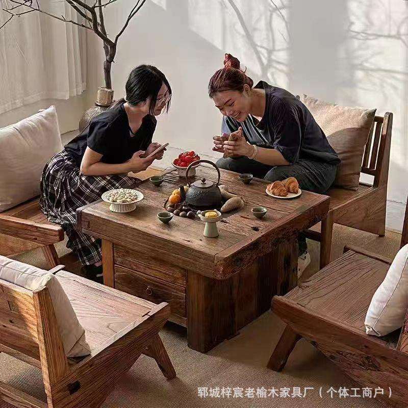 实木煮茶桌老榆木复工复户外烧烤桌庭院围炉煮茶桌冬日火锅烤火桌